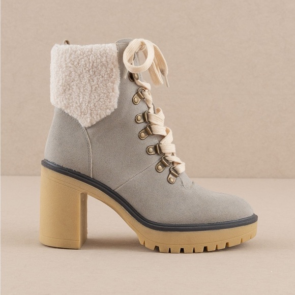 Heeled Platform Lace Up Sherpa Boots - Oasis Society - Picture 4 of 6